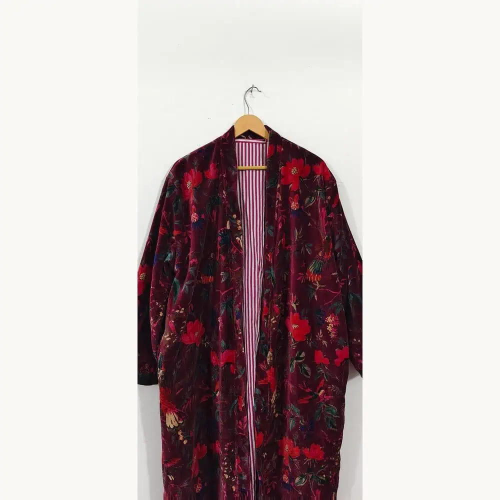 Floral Cotton-Velvet Kimono Robe