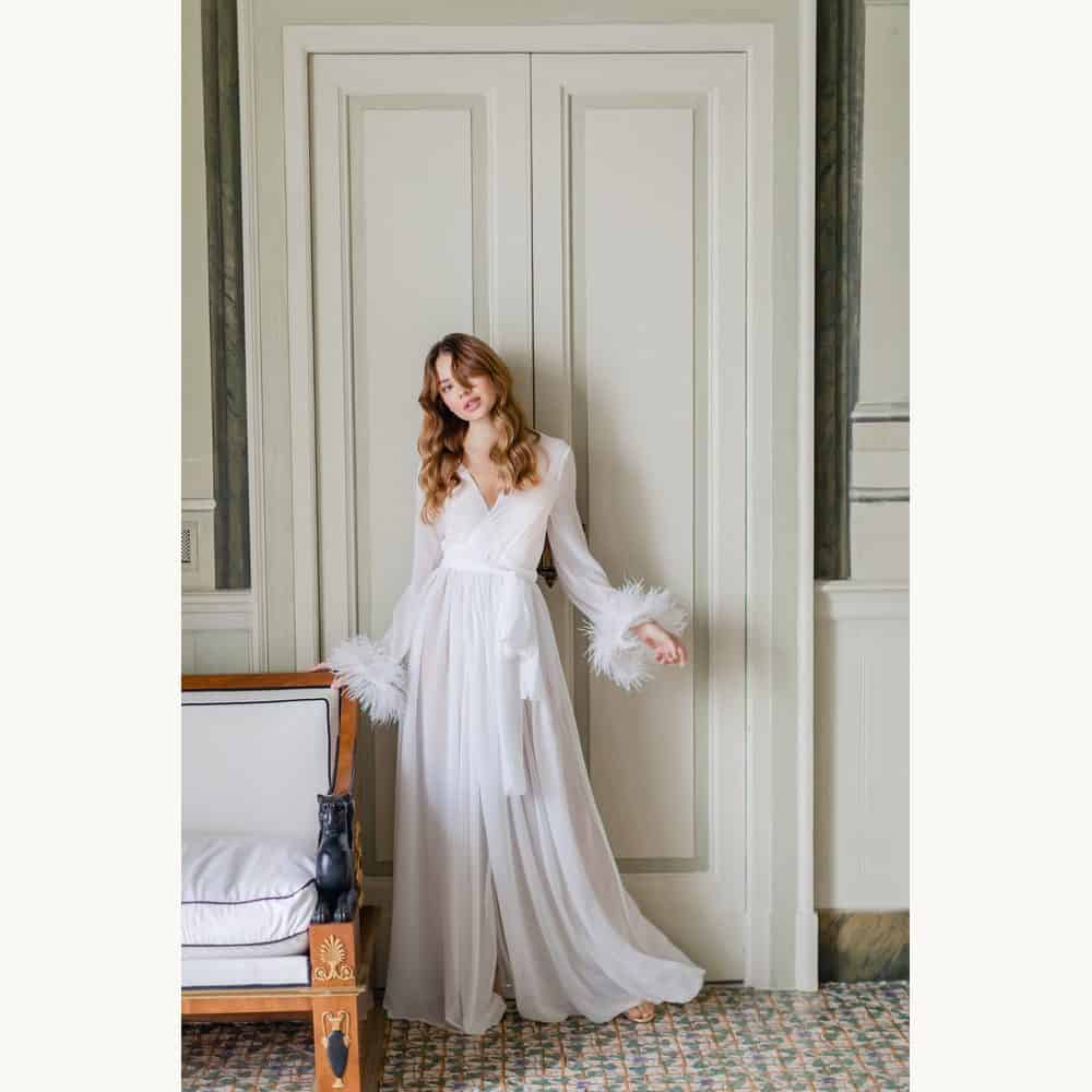 Ivory Chiffon Feather-Sleeve Bridal Robe