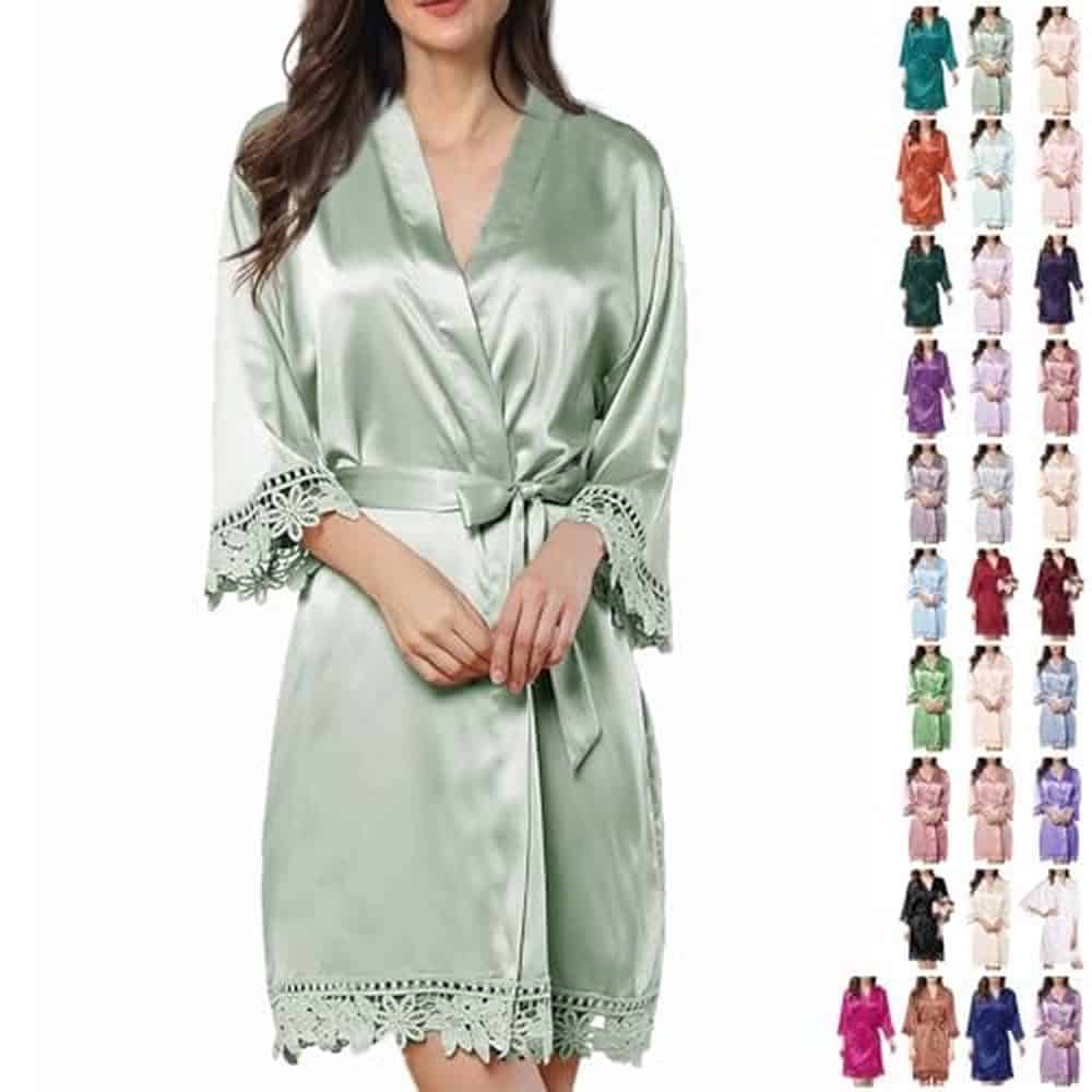 Lace-Trim Satin Kimono Bridal Robe