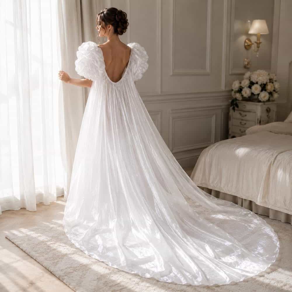Sheer Puff-Sleeve Floor-Length Bridal Robe