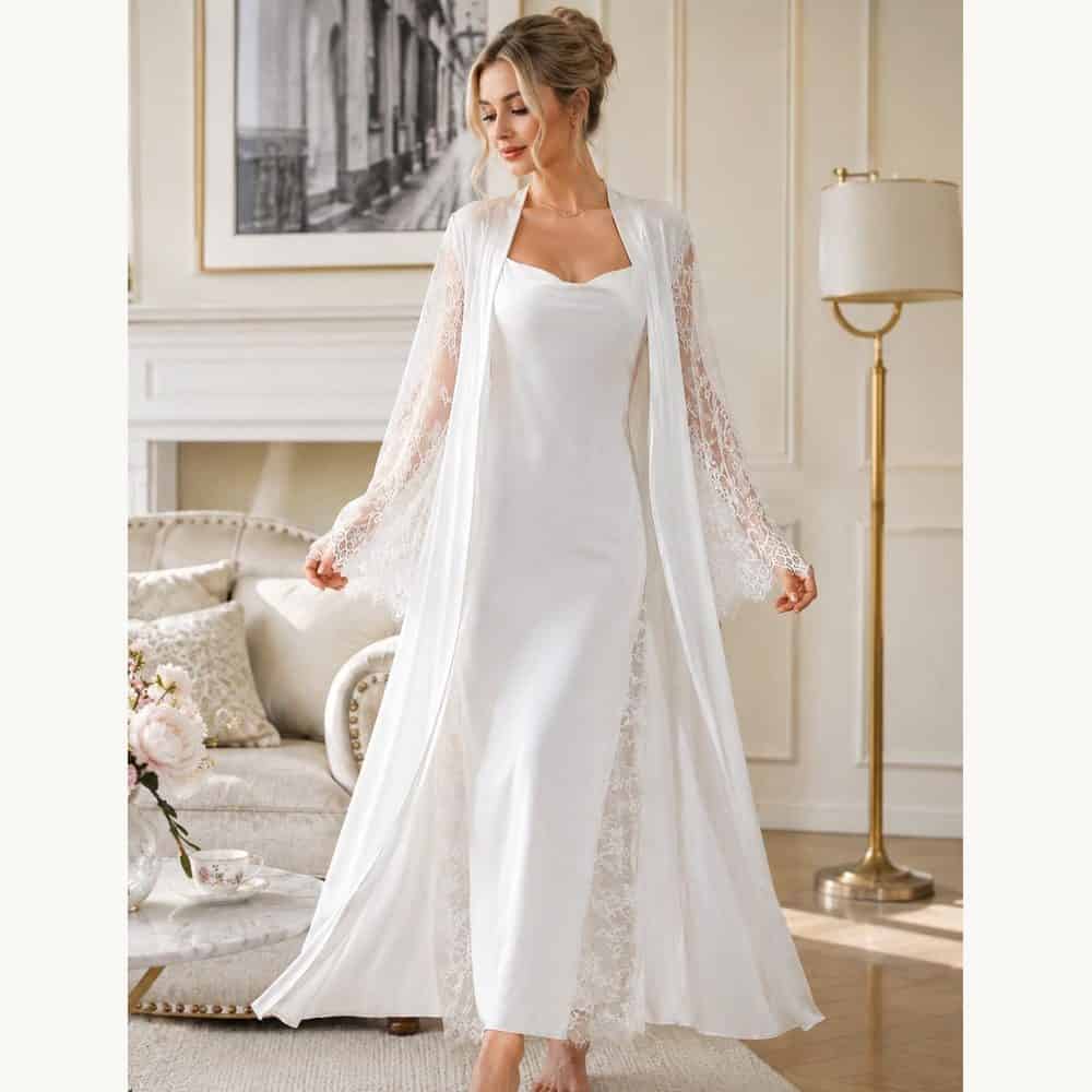 White Lace Bridal Robe and Satin Slip Set