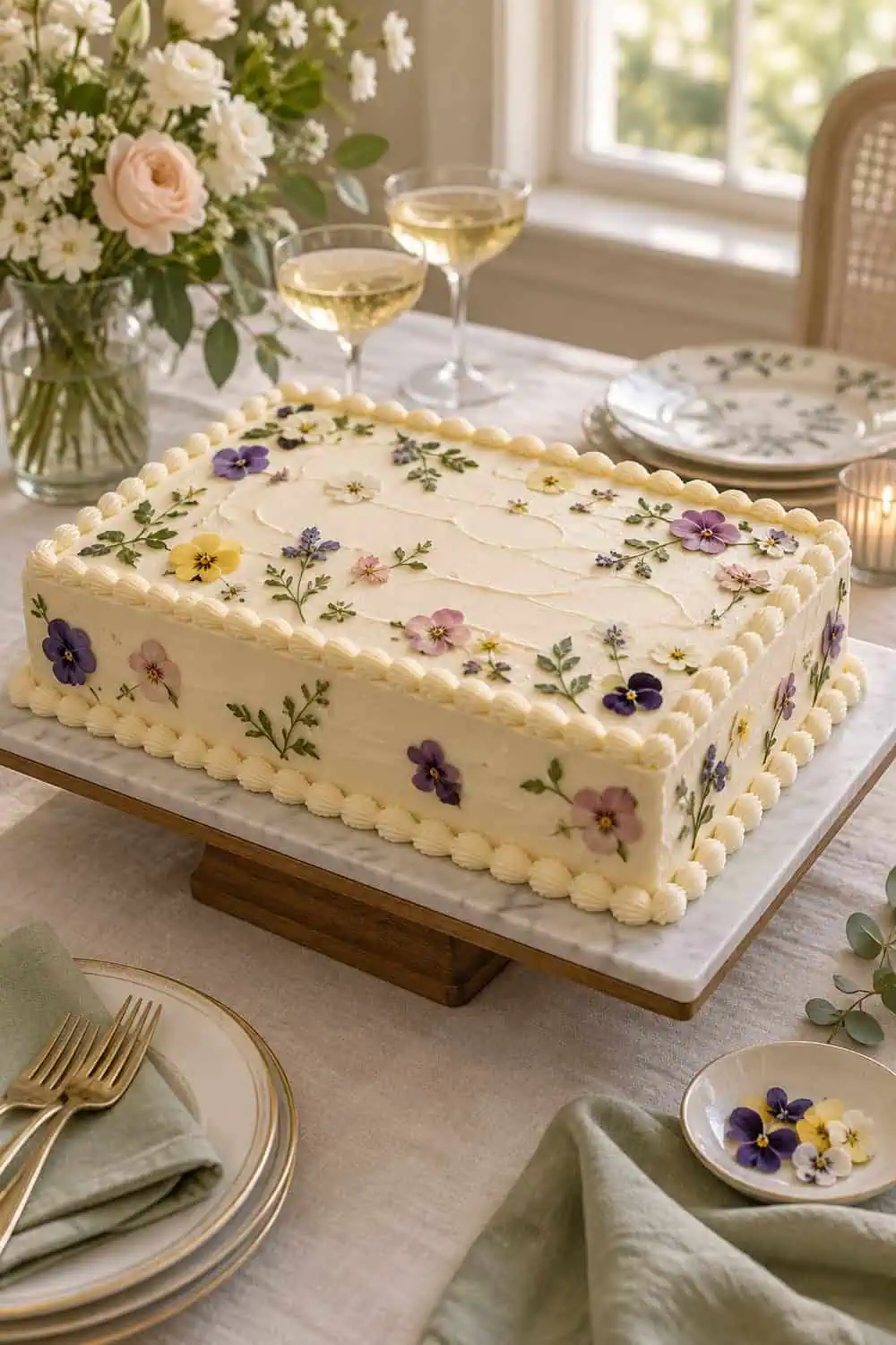 rectangular ivory-frosted bridal shower sheet cake with scattered food-safe pressed edible flowers, no text
