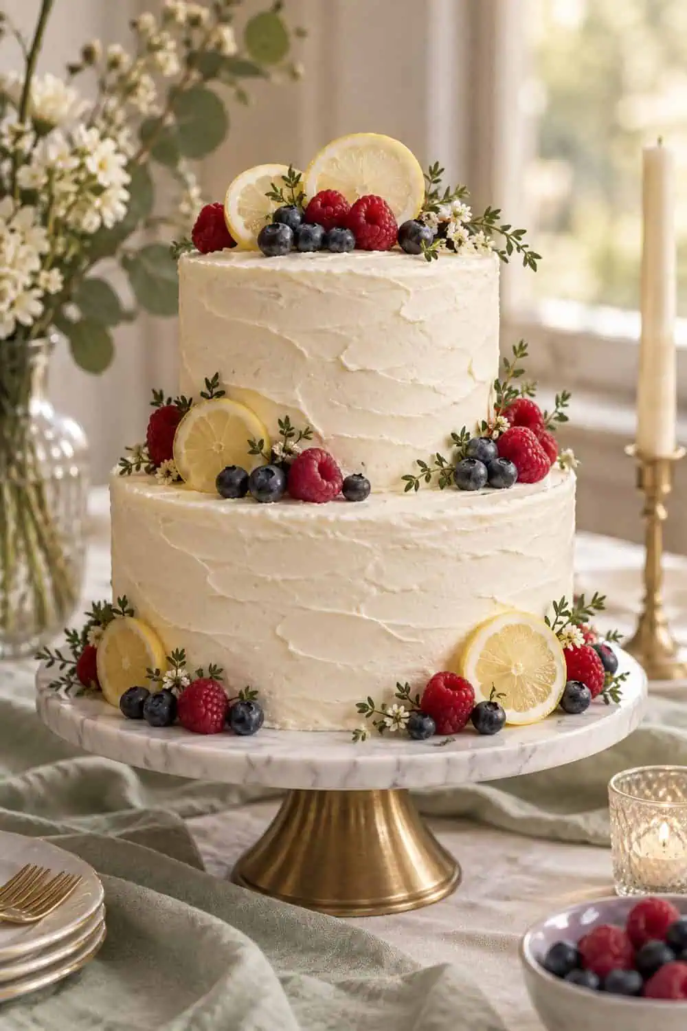 two-tier lightly frosted ivory cake with thin lemon slices, blueberries and raspberries arranged neatly, no text