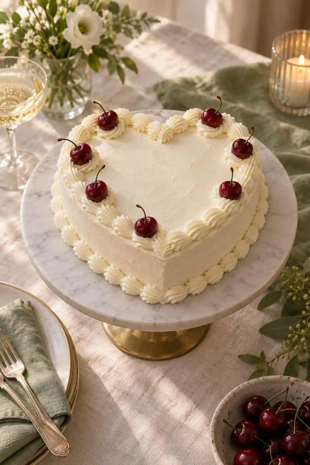 low heart-shaped ivory cake with restrained shell piping and evenly spaced fresh cherries, no text