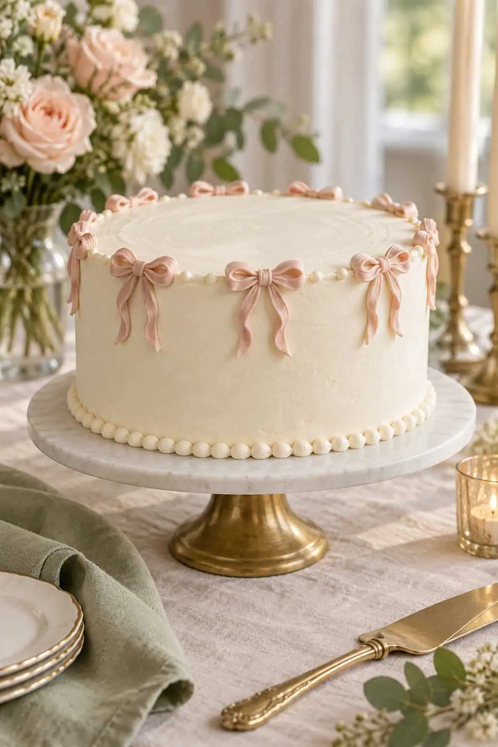 round ivory single-tier cake with evenly spaced blush buttercream bows around the upper border, no text