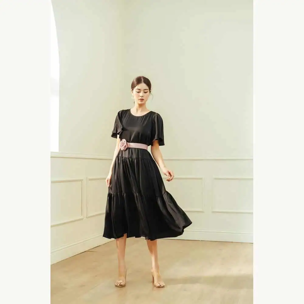 Black Silk-Blend Pleated Dress
