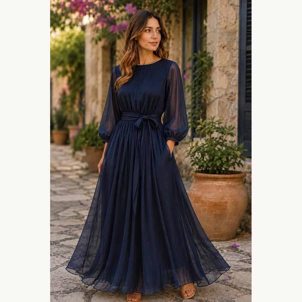 Navy Chiffon Long-Sleeve Gown