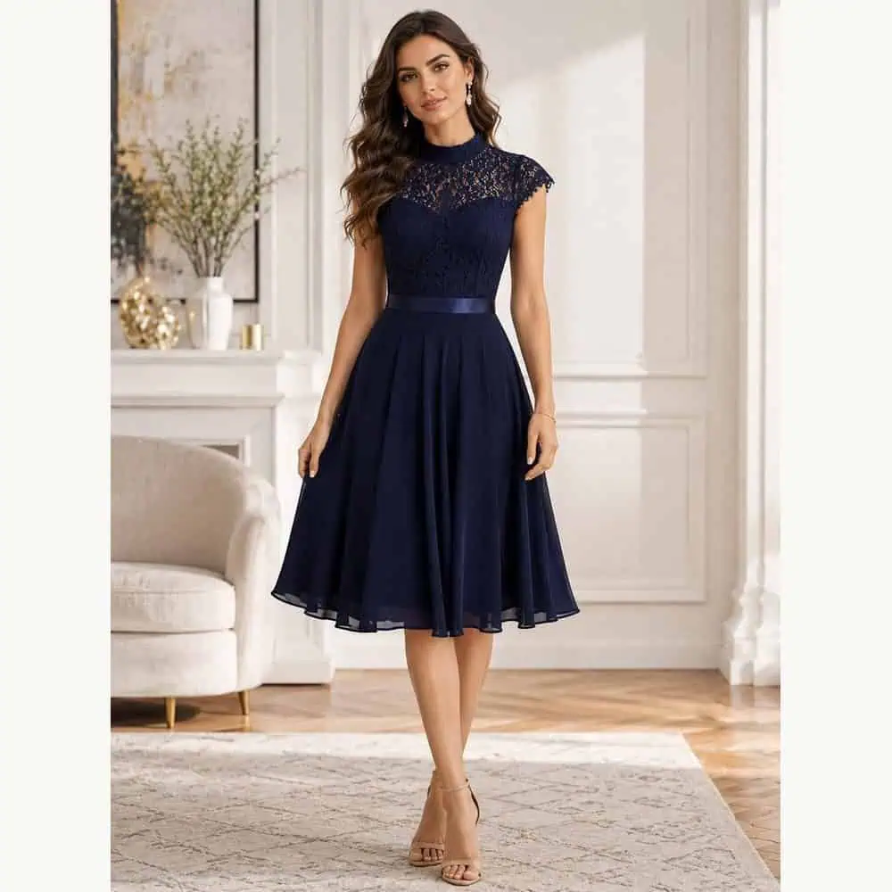 Navy High-Neck Lace Dress