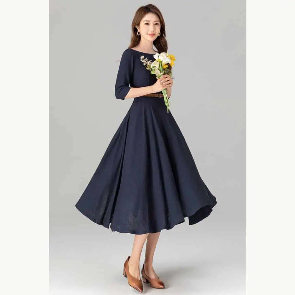 Navy Linen-Blend Swing Dress