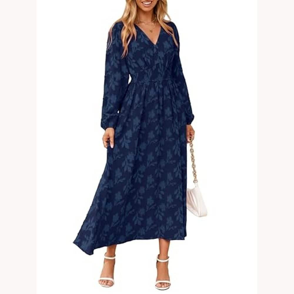 Navy Textured Long-Sleeve Maxi