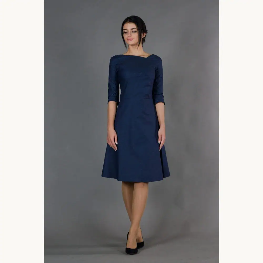 Navy Three-Quarter-Sleeve Midi