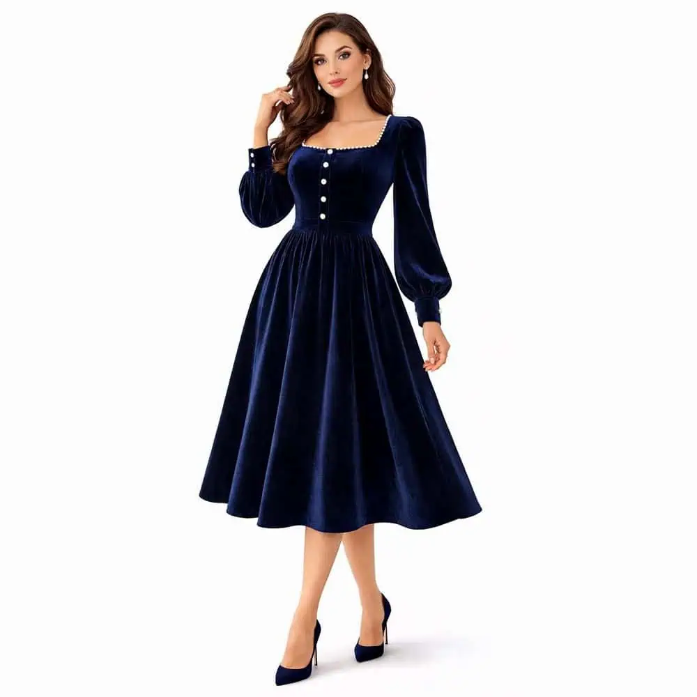 Navy Velvet Square-Neck Midi