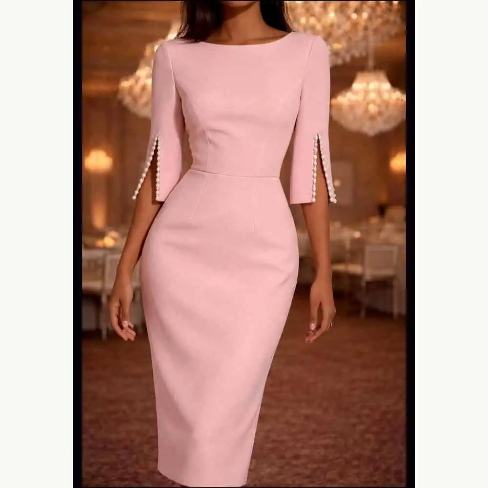Pink Pearl-Trim Split-Sleeve Dress