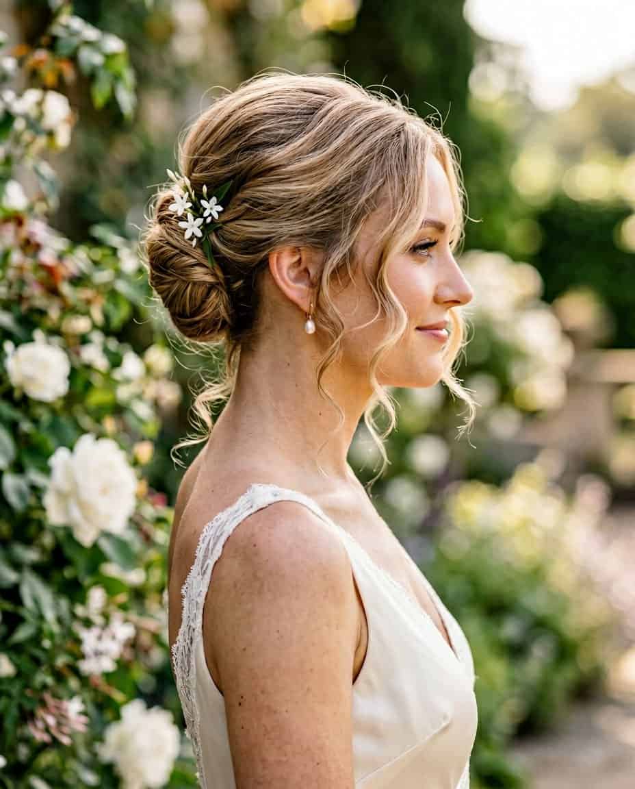 A bride with a structured French roll sitting close to the head, loose curly wisps falling around the face and nape, wearing a white wedding dress.