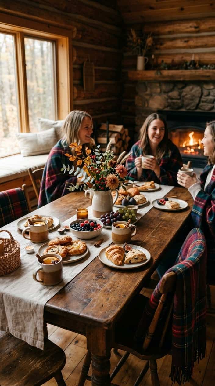 A farmhouse cabin interior with a wooden dining table set for brunch, tartan throw blankets draped over chairs, ceramic mugs of mulled cider, and a stone fireplace lit in the background.