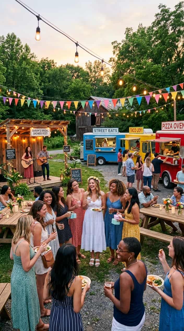 An outdoor evening bridal gathering with festoon string lights strung between wooden posts, food trucks parked along a grassy lawn, guests at picnic blankets and bistro tables, and a live acoustic guitarist on a small platform.