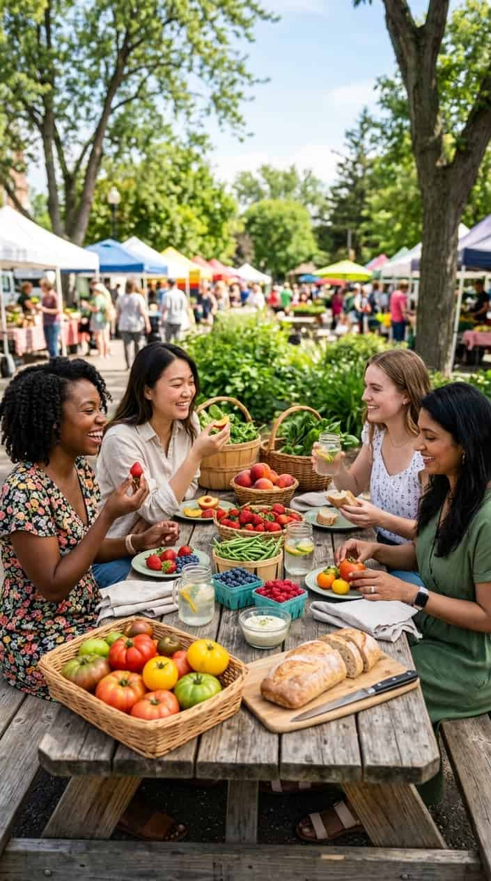 An outdoor picnic with woven baskets open on a wooden table, filled with bright seasonal stone fruits, cherry tomatoes, and fresh herbs alongside linen napkins and hand-lettered market signs.
