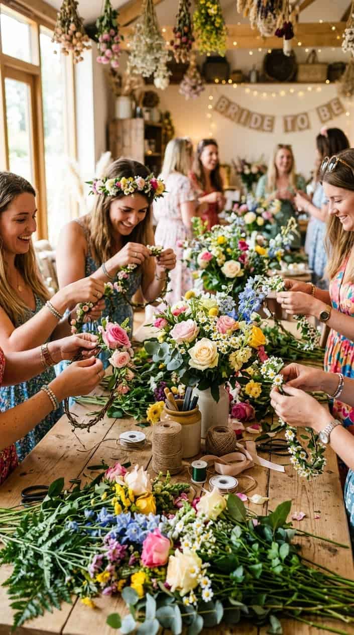 Close-up of hands weaving fresh flowers and greenery onto a wire crown base at a long wooden maker's table covered with buckets of seasonal stems and eucalyptus cuttings.