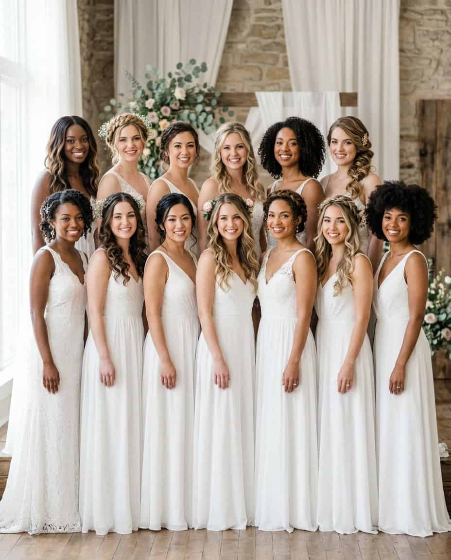 A group of brides in a softly lit bridal studio, each displaying a different natural wedding hairstyle, from defined updos to loose waves and braided crowns.