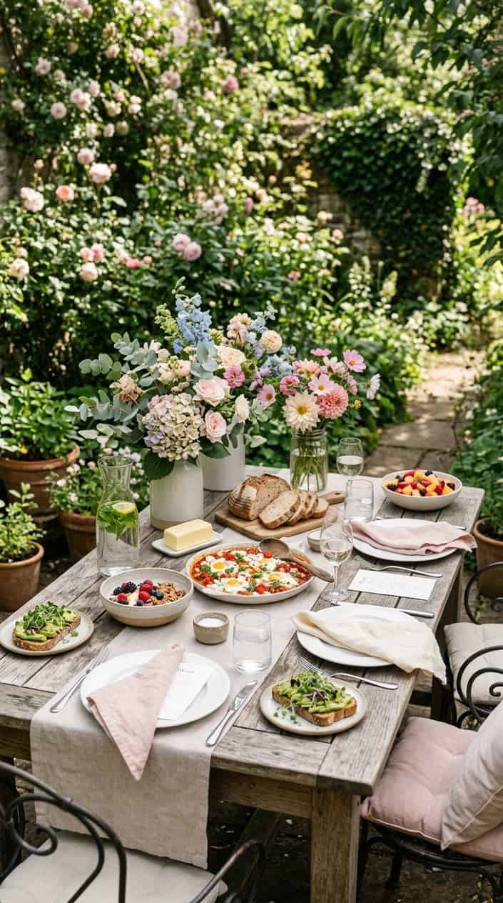 A long outdoor dining table with mismatched vintage plates, linen napkins, and small bunches of seasonal herbs and wildflowers as centerpieces.