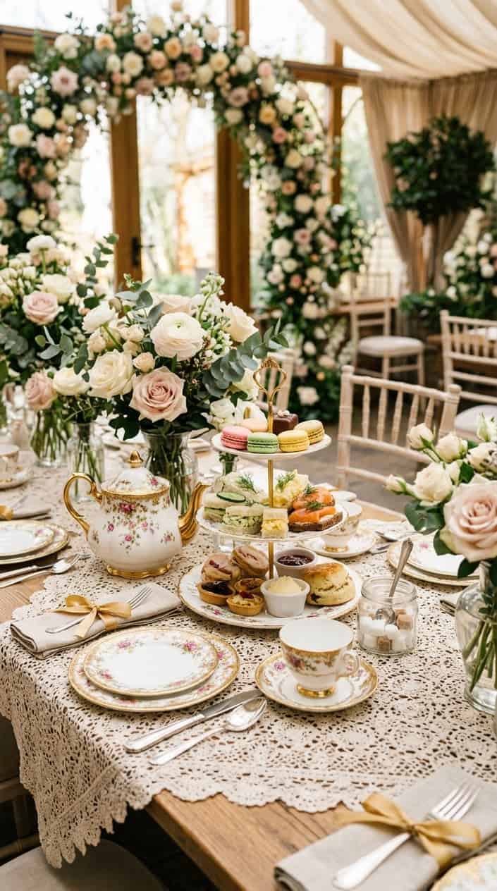 A tea party table set with mismatched antique china cups, a gilded teapot, finger sandwiches on a tiered tray, and small bud vases with blush roses.