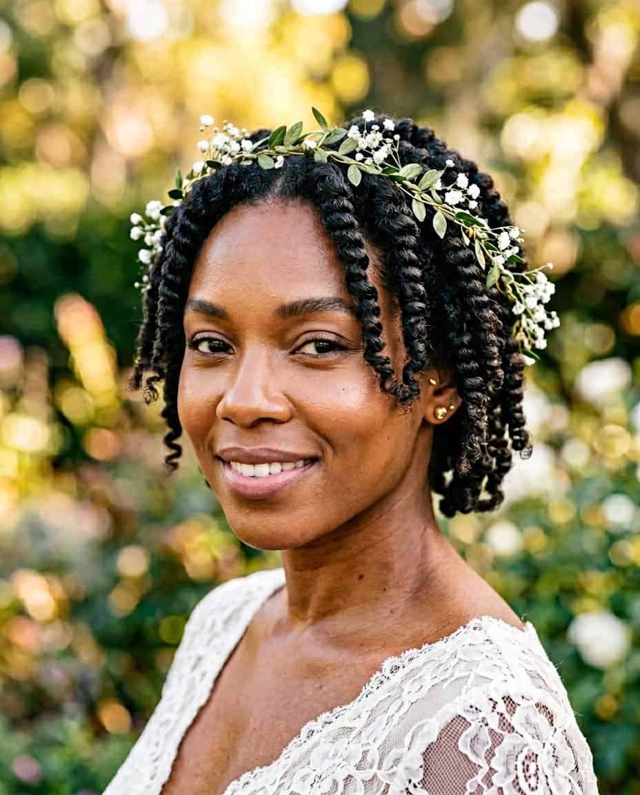 Close-up of tightly defined finger coils framing the face, with a slim metallic vine headpiece woven through the spirals, against a softly blurred background.