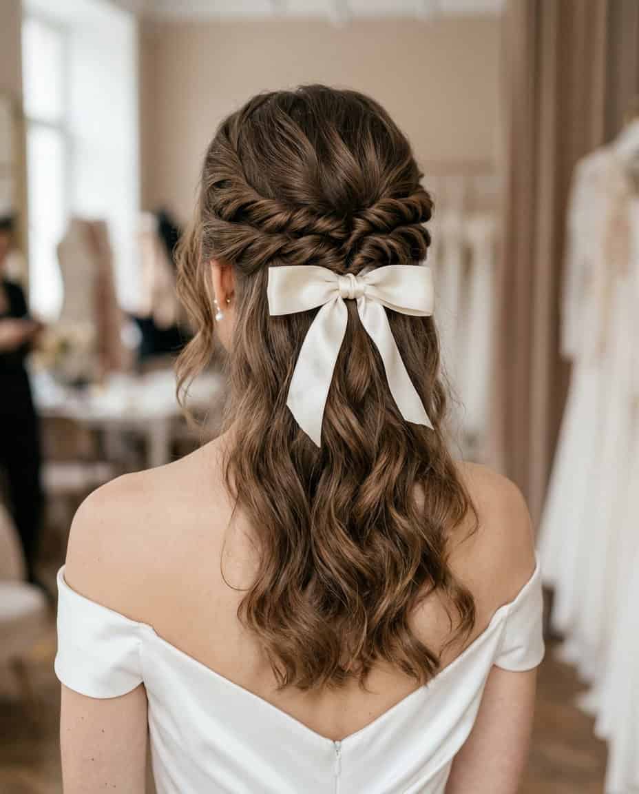 Close-up of a bride with the top section of her hair swept into wing-like twists and secured with a fluid silk bow, loose lengths falling naturally behind.