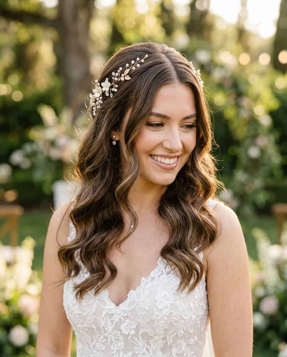 A smiling woman with long, fluid wavy hair parted down the center, a delicate botanical hair vine woven along the crown, looking slightly to the side.
