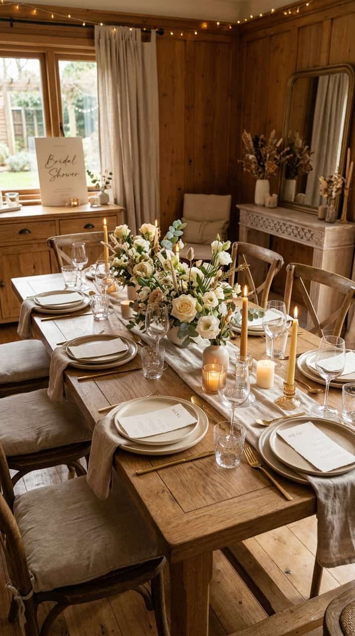 A bridal shower table with warm linen runners, unfinished wood accents, tapered candles in amber glass holders, and a small arrangement of dried wildflowers.