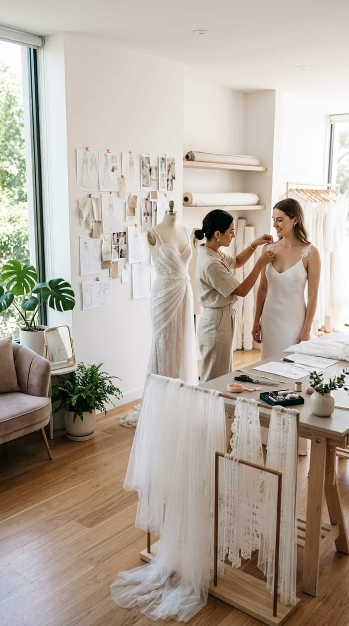 A bright studio space with fashion sketches pinned to a white wall, a small fitting nook with a bride in a sample gown, and a row of veils displayed on freestanding stands.