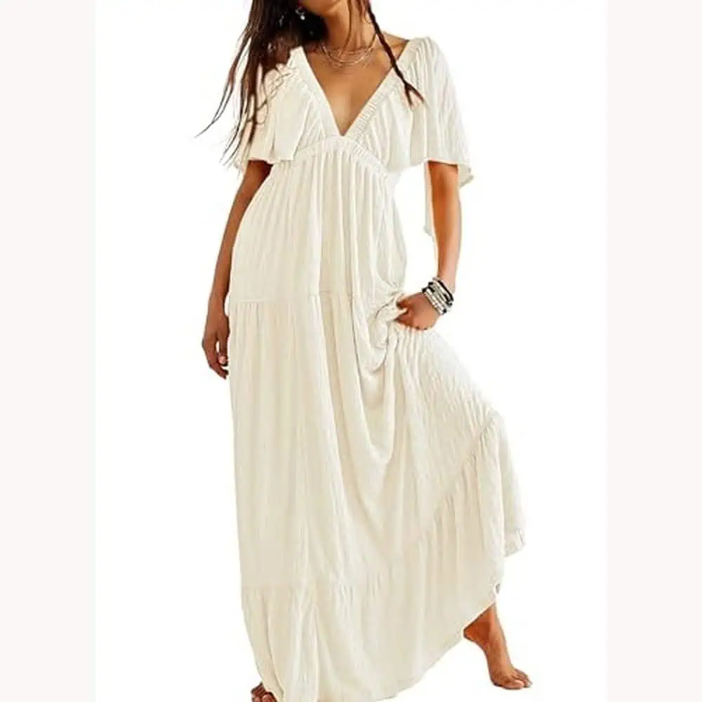 Beige Backless Flutter-Sleeve Maxi Dress