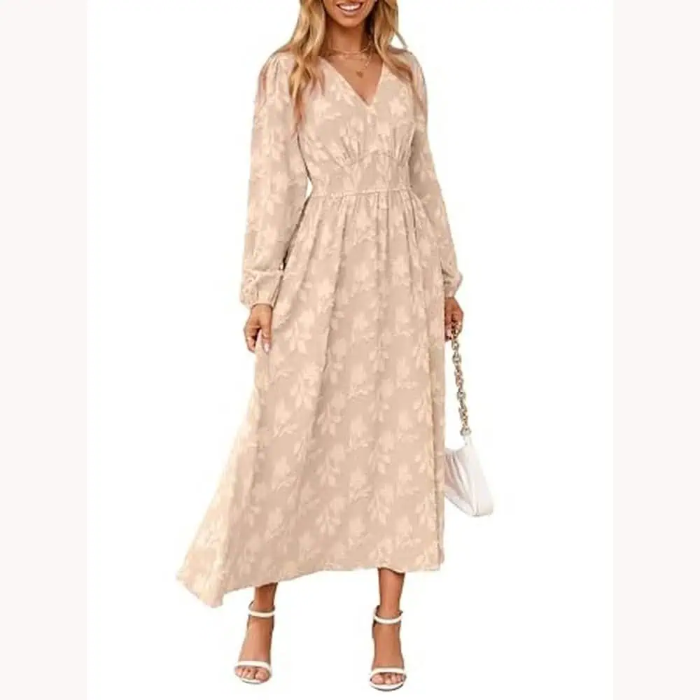 Beige Floral Long-Sleeve Empire-Waist Maxi Dress