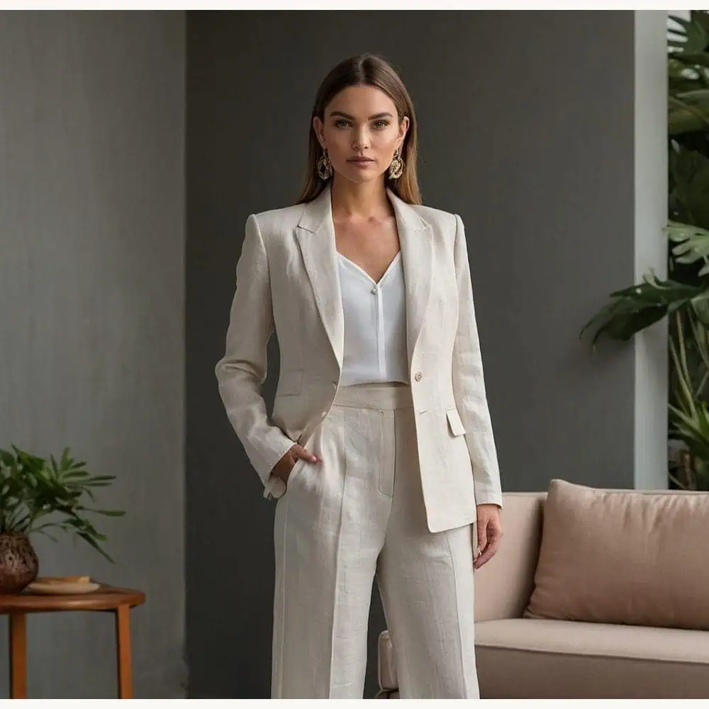 Beige Linen Blazer and Pants Suit Set