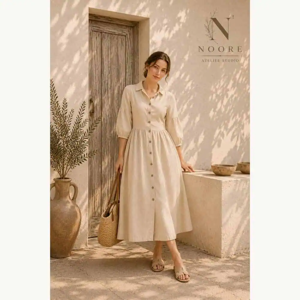 Beige Linen Button-Front Puff-Sleeve Midi Dress
