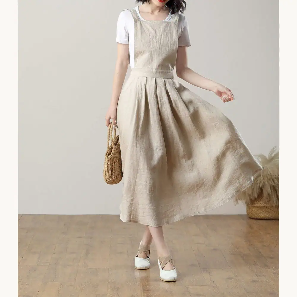 Beige Linen Pinafore Midi Dress with Pockets