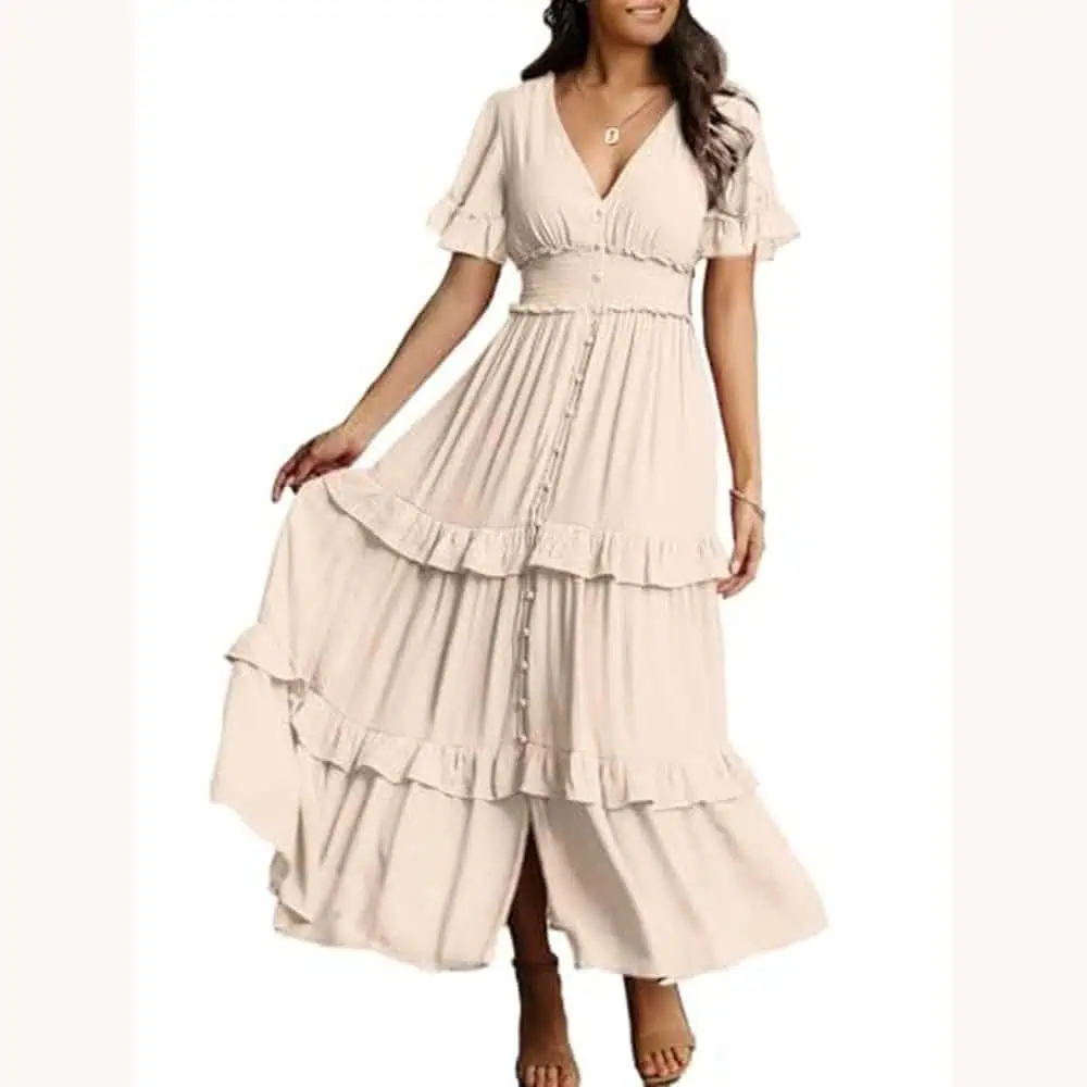 Beige Tiered Flutter-Sleeve Maxi Dress