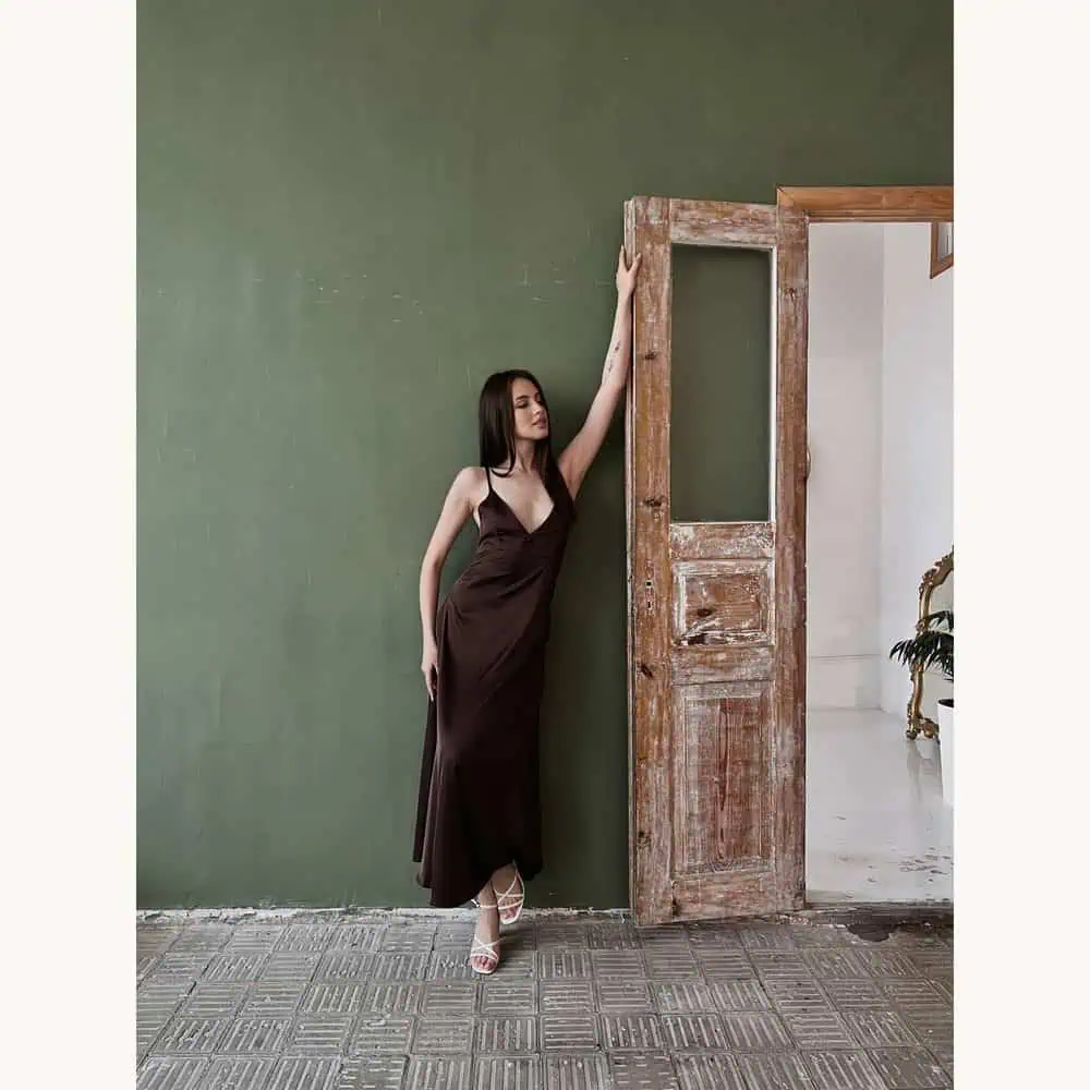 Brown Pure-Silk Lace-Up Midi Slip Dress