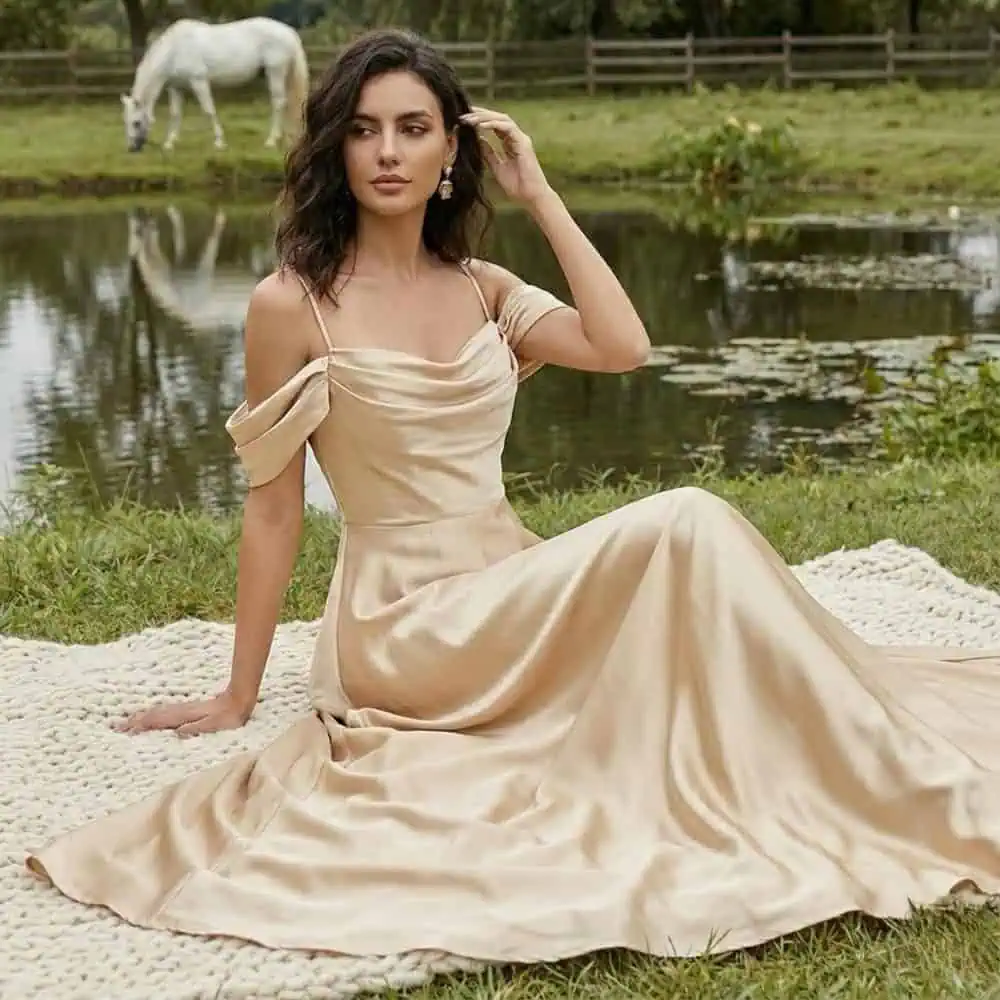 Champagne Satin Off-Shoulder A-Line Gown