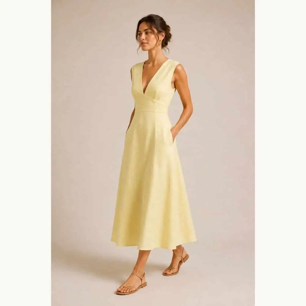 Ivory Linen Shawl-Collar Wrap Midi Dress