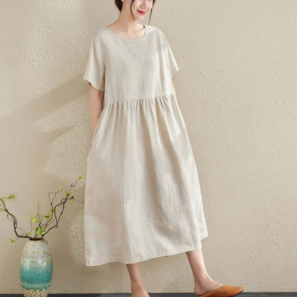 Loose Beige Linen Midi Dress with Pockets