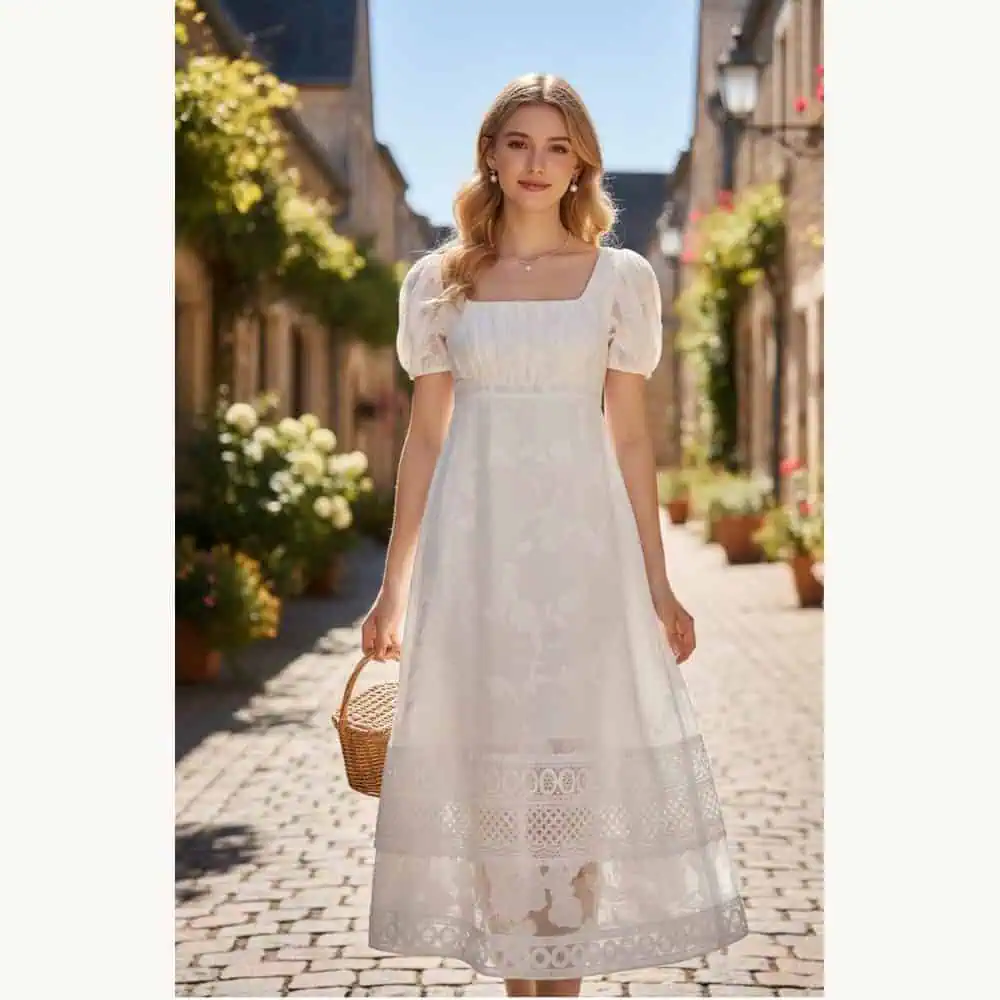 White Lace Puff-Sleeve A-Line Midi Dress