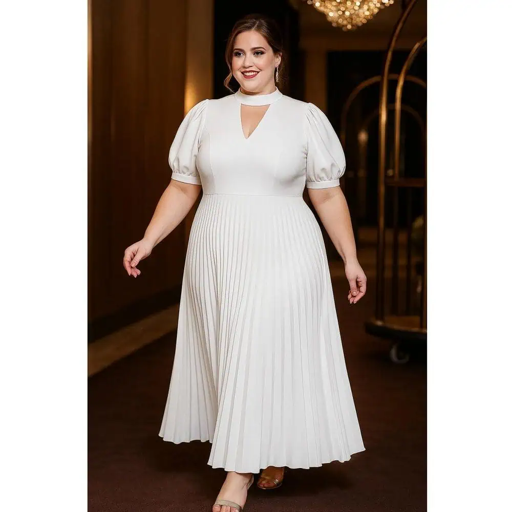 White Plus Size Pleated A-Line Dress