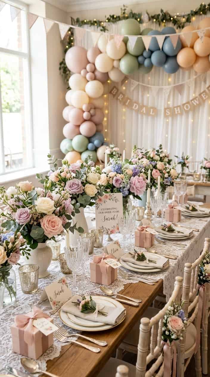 A close-up of a bridal shower place setting with a handwritten name card, a single garden rose stem tucked beneath a linen napkin, and a small kraft paper favor package tied with baker's twine.