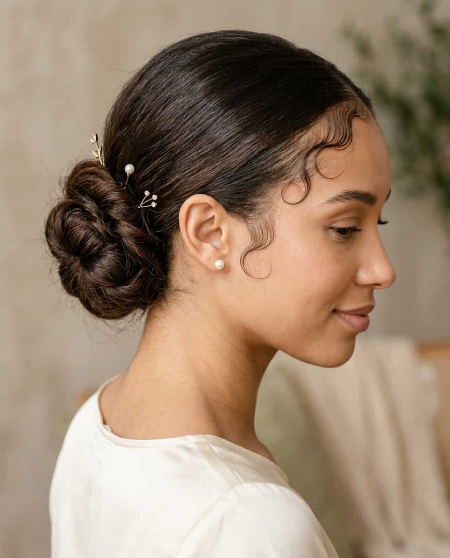 Close-up of a woman with a low, soft knot at the nape, fine baby hairs shaped in clean curves along the hairline, and slim gold pins holding the knot in place.