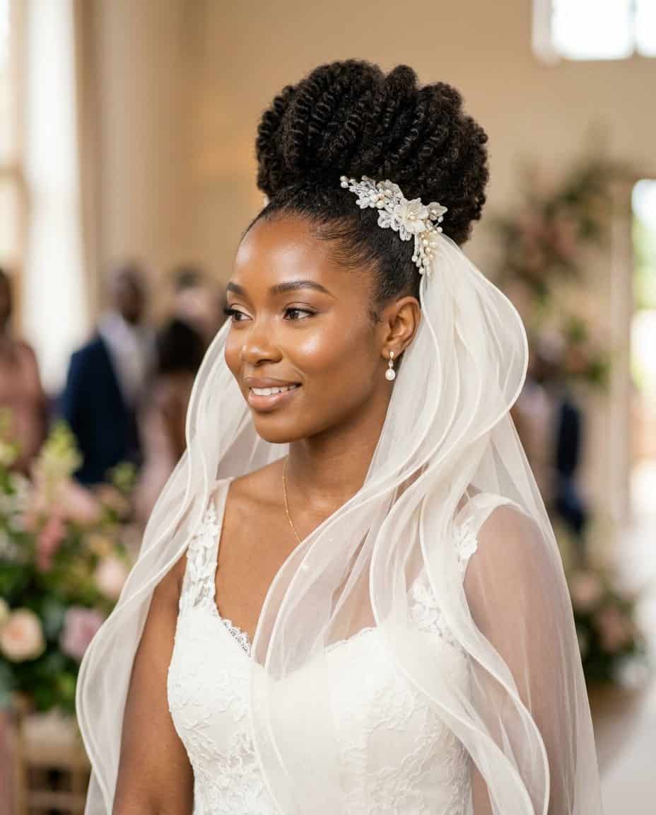 Close-up of a woman with natural coils gathered into a smooth, rounded high puff, a sheer veil anchored beneath it with a structured comb.