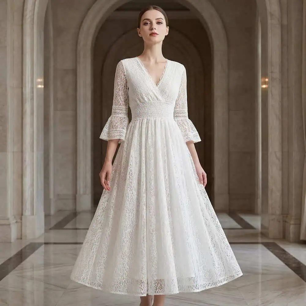 Boho Lace Long-Sleeve Bridal Midi Dress