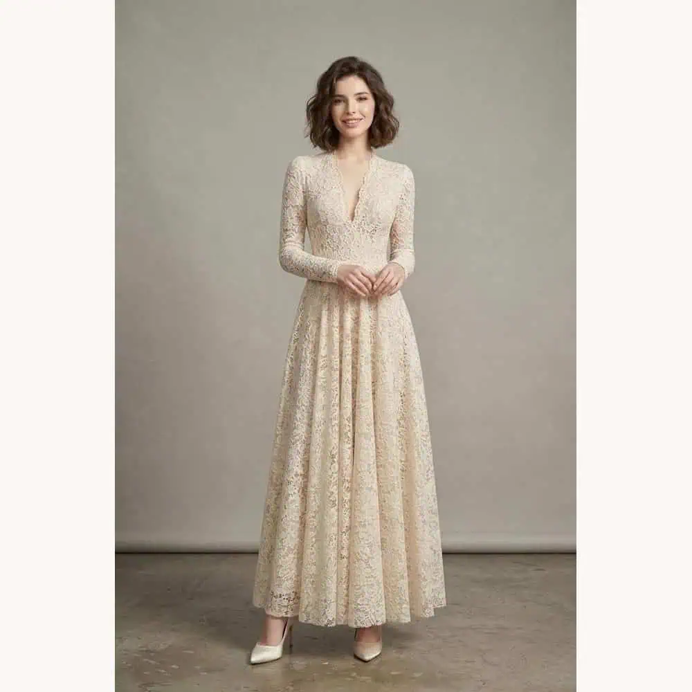 Ivory Long-Sleeve Lace A-Line Gown