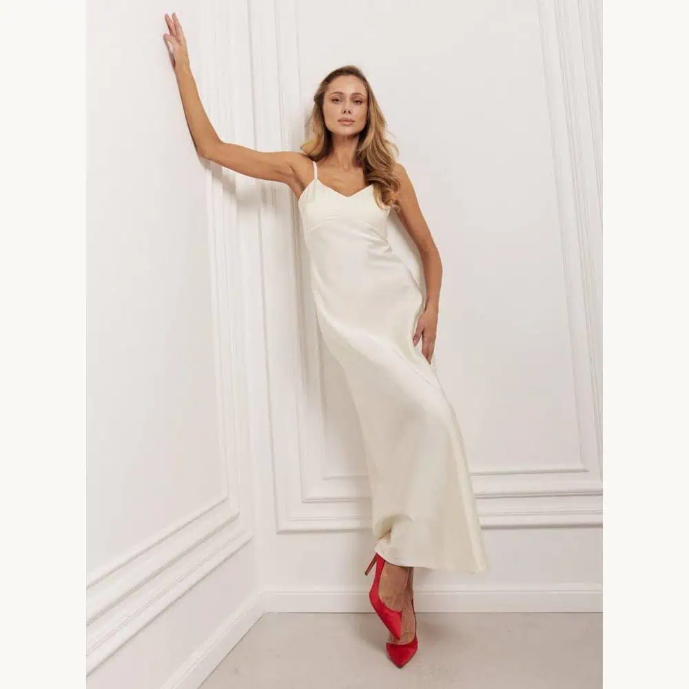 Ivory Satin Cowl-Neck Midi Slip Dress