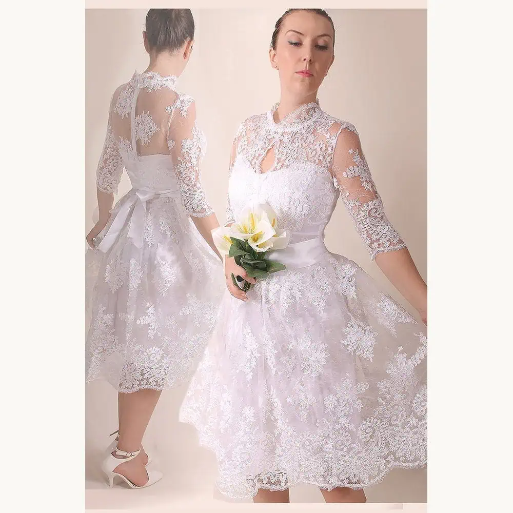 Tea-Length Lace Wedding Dress with Sleeves