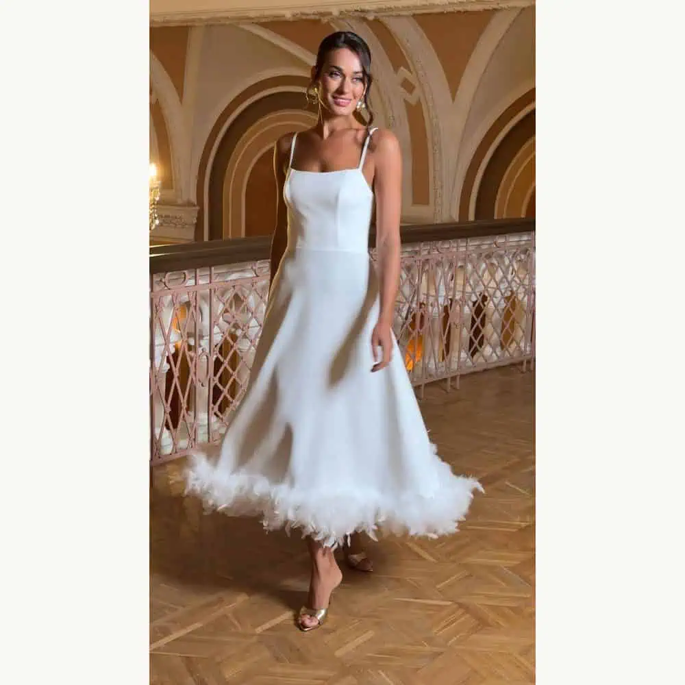 White Feather-Hem A-Line Midi Reception Dress